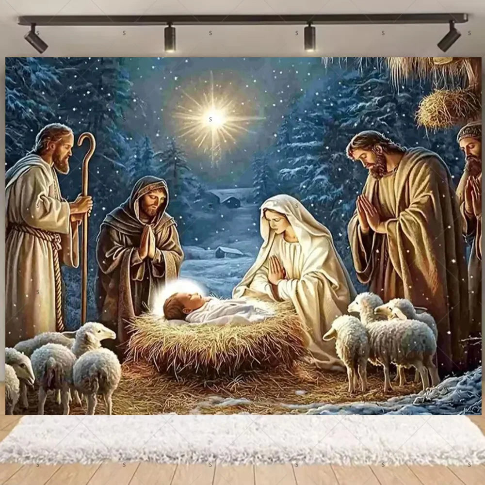Starry Night Nativity Scene Backdrop for Christmas Celebrations