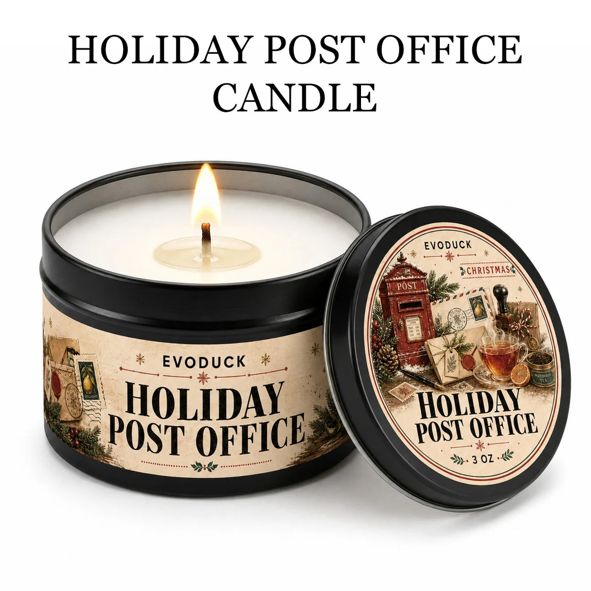 Holiday Post Office scented candle in a black tin with a Christmas theme