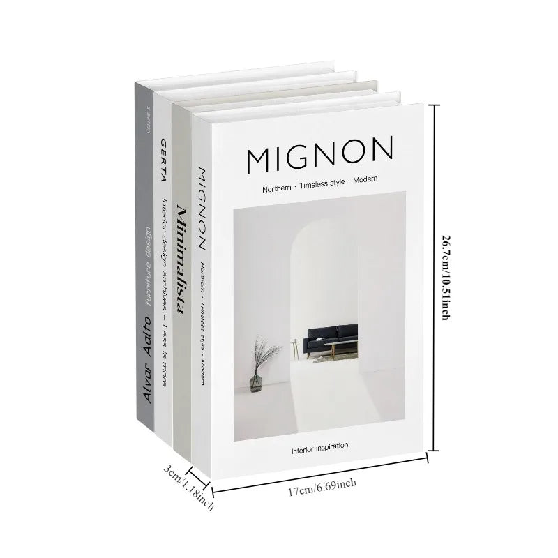 A set of five decorative faux books titled MIGNON in white and gray covers displayed on a white background.