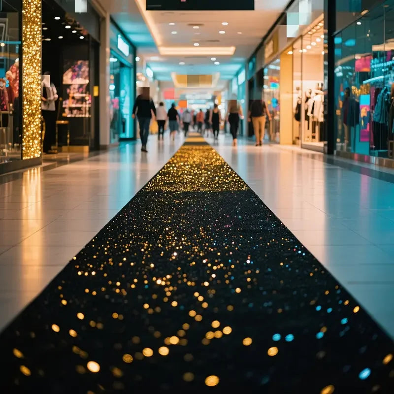 An elegant white sparkling aisle runner lights a modern retail store walkway with warm lighting.