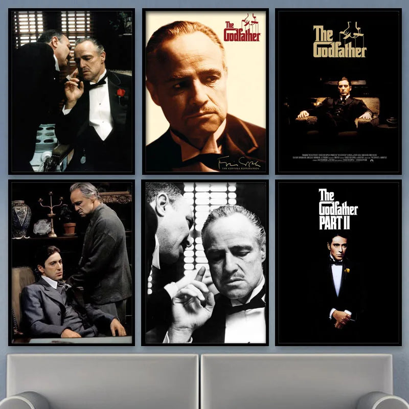 A grid of black and white canvas wall art featuring various scenes and portraits from The Godfather films.
