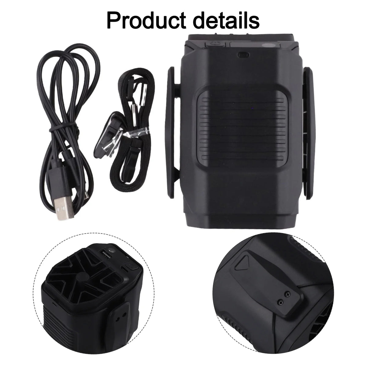 A portable rechargeable waist fan with an LED light shown in various components and full product views.