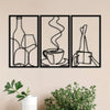 A set of three minimalist metal wall art prints depicting bottles, a steaming cup, and a book.