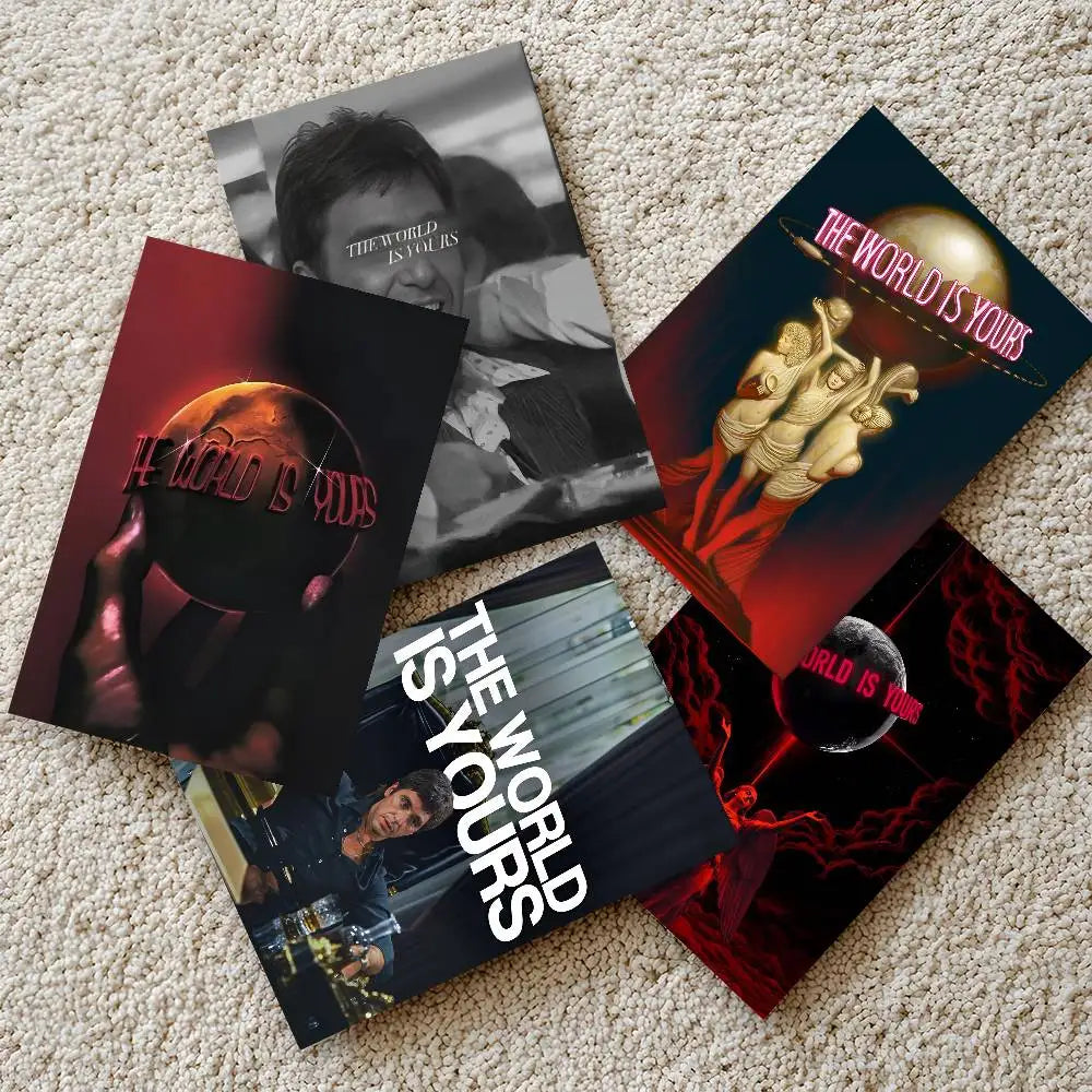 A collection of four posters featuring the text The World Is Yours with various artistic and dark imagery.