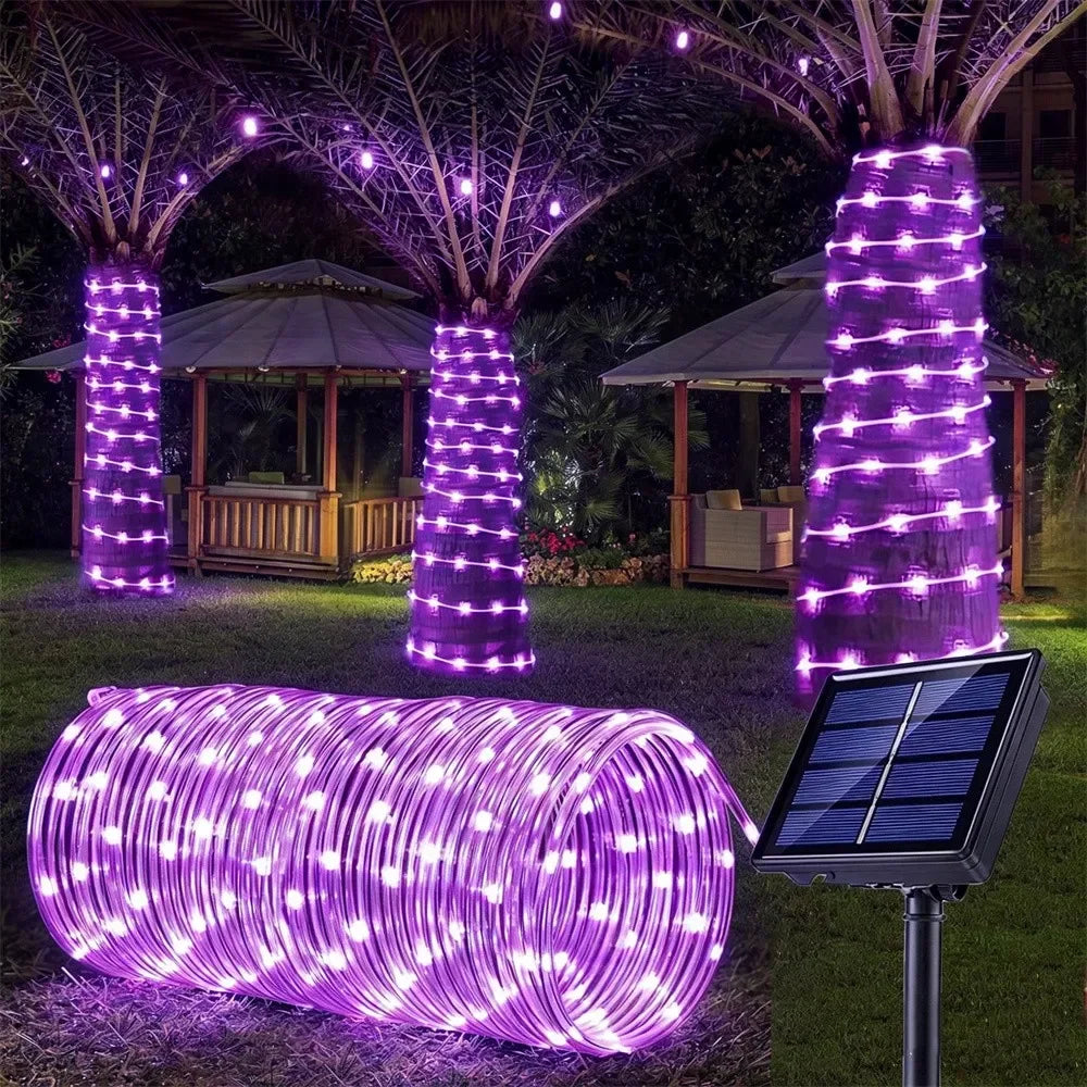 Purple LED rope lights illuminating a tree structure and a ground light display in an outdoor garden setting