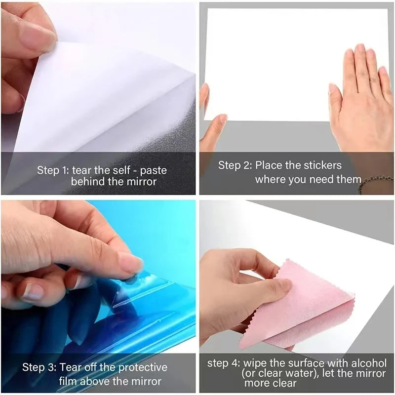 Instructions showing how to apply self-adhesive acrylic mirror wall stickers by tearing the film and wiping the surface.