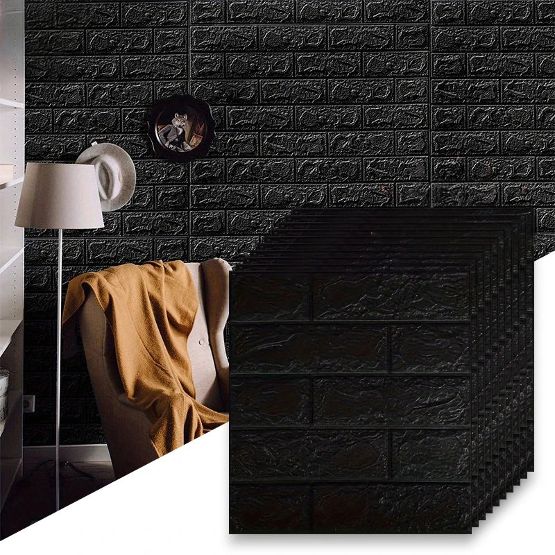 Black 3D foam brick wallpaper panels mounted on a dark textured wall with a lamp and fabric.