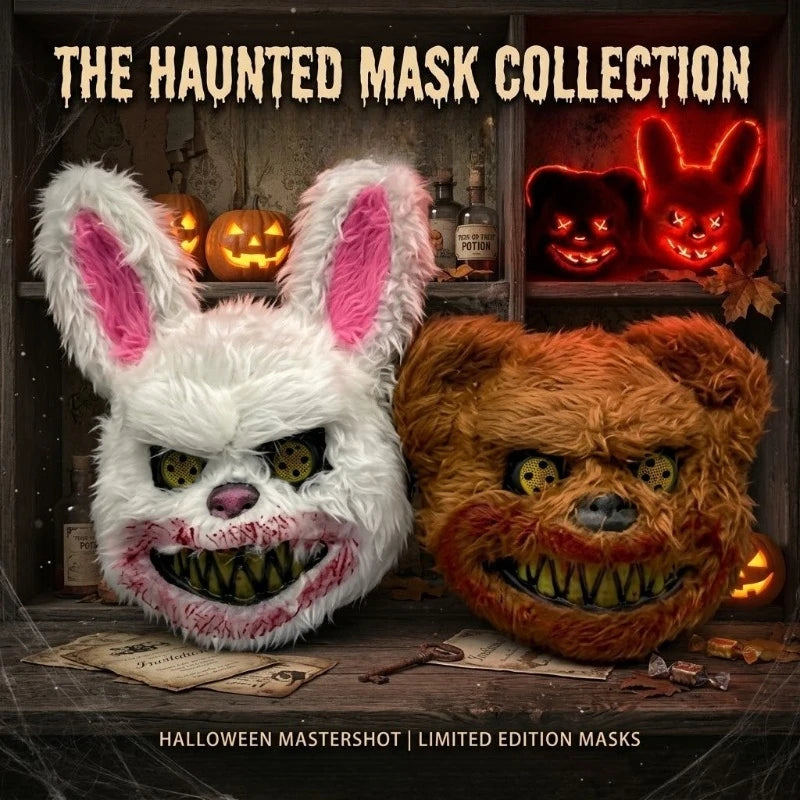 A collection of haunted mask products featuring a white rabbit and an orange-colored bear face mask.