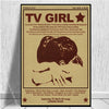 A vintage music poster featuring the text TV GIRL and an illustration of a woman's head with hands, printed on light brown pa