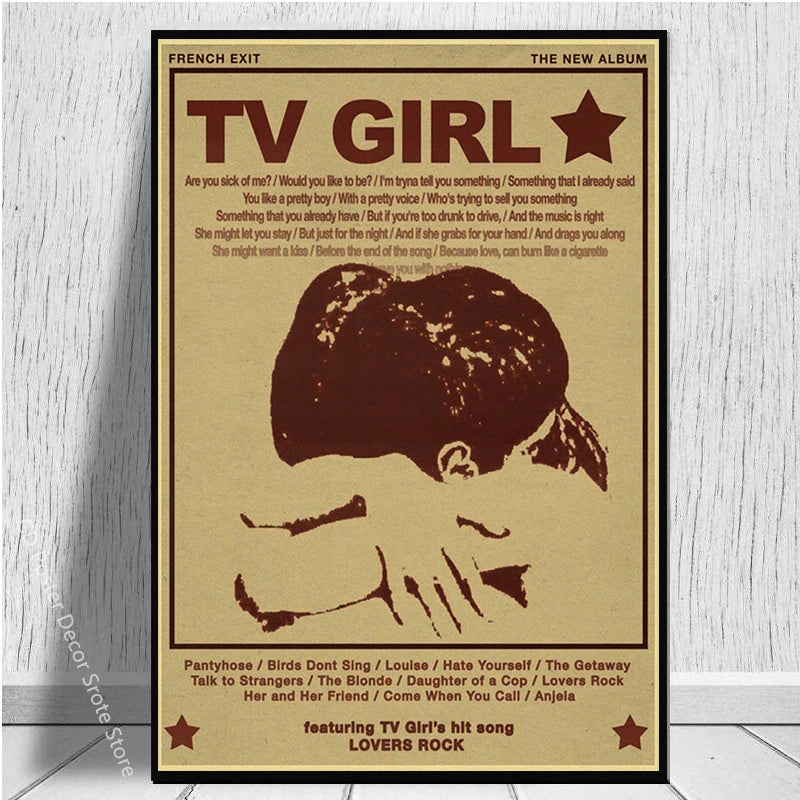 Vintage TV Girl wall art print featuring a distressed graphic of a woman's face and text from the song.