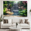 A decorative banner featuring a lush green garden waterfall cascading over rocks and into a pool.