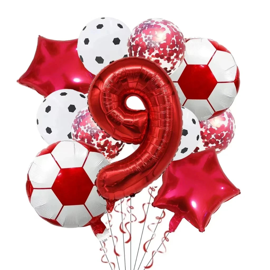 A collection of red and white football-shaped helium foil balloons and a red star balloon for party decorations.
