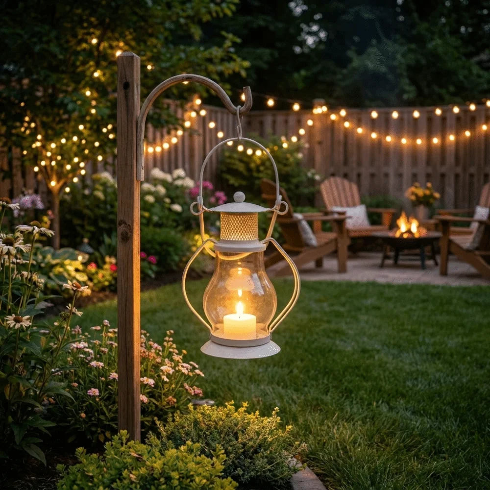 A decorative metal candlestick lantern hangs outdoors in a garden setting surrounded by greenery and string lights.