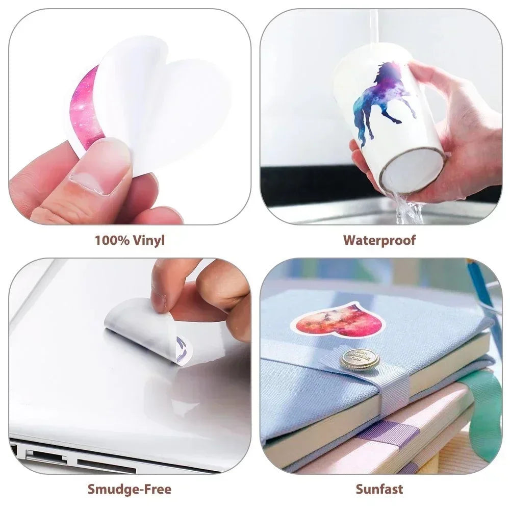 A set of heart-shaped vinyl stickers for decorating laptops and other items, demonstrating waterproof and smudge-free feature