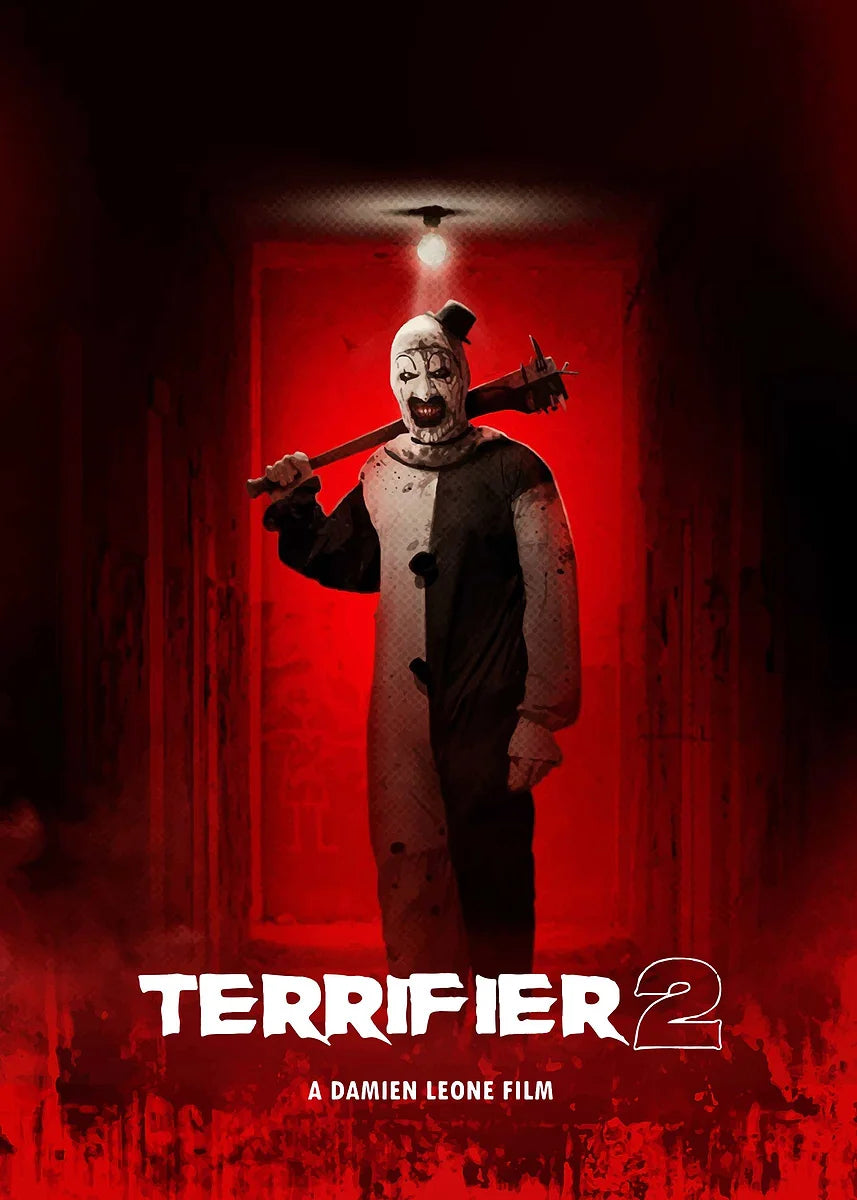 A movie poster featuring a menacing clown character in a dark, red-lit hallway.