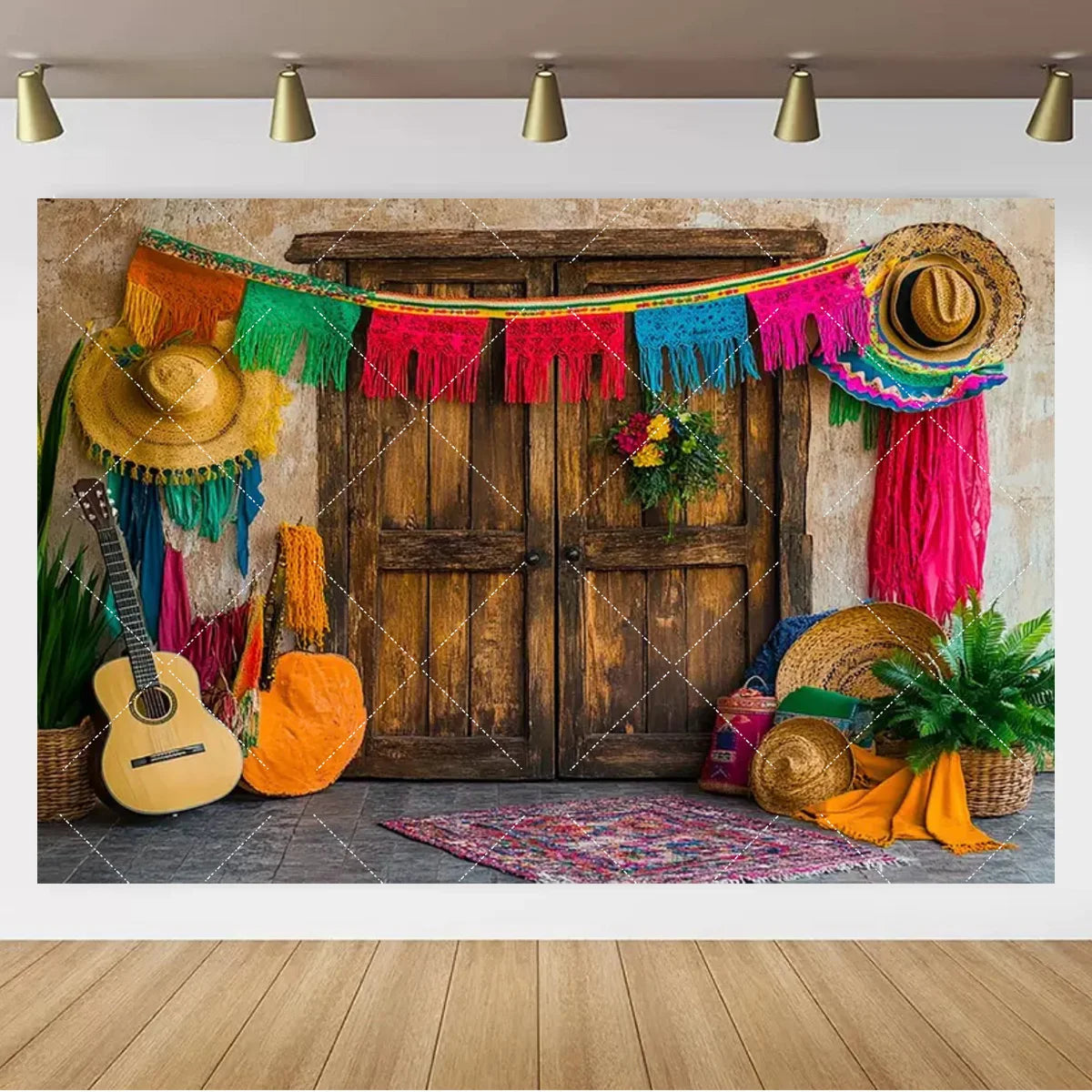 A rustic wooden door decorated with colorful fringed banners and straw hats, set against a textured wall.