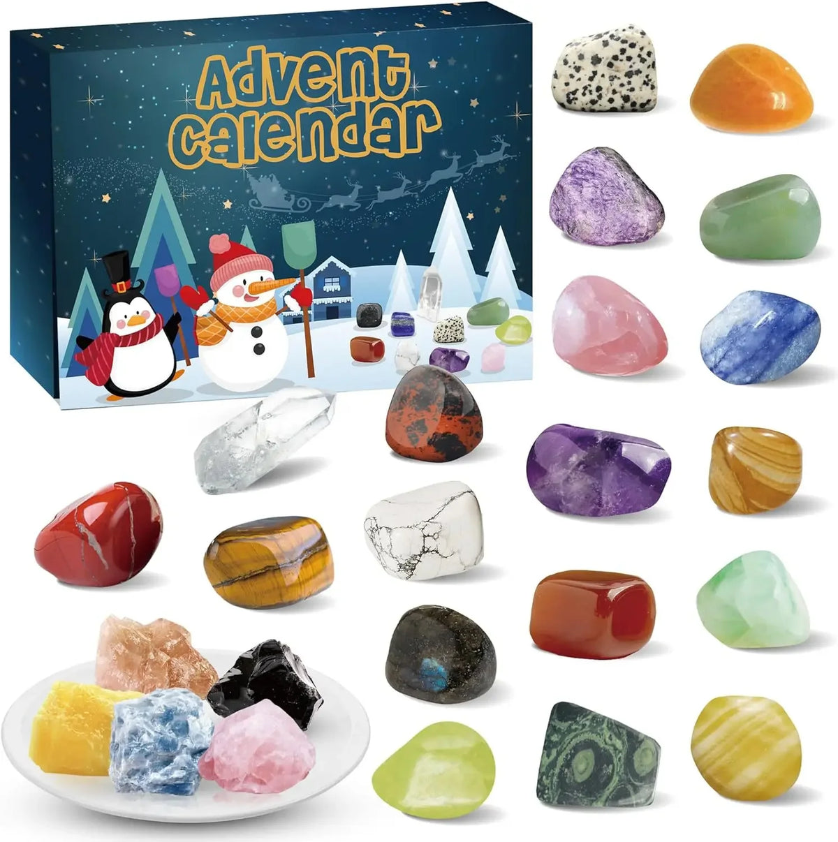A box of an advent calendar filled with various natural crystal gemstones and minerals.