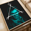 A dark teal portrait of a man with a white triangle overlay, displayed in a framed poster.