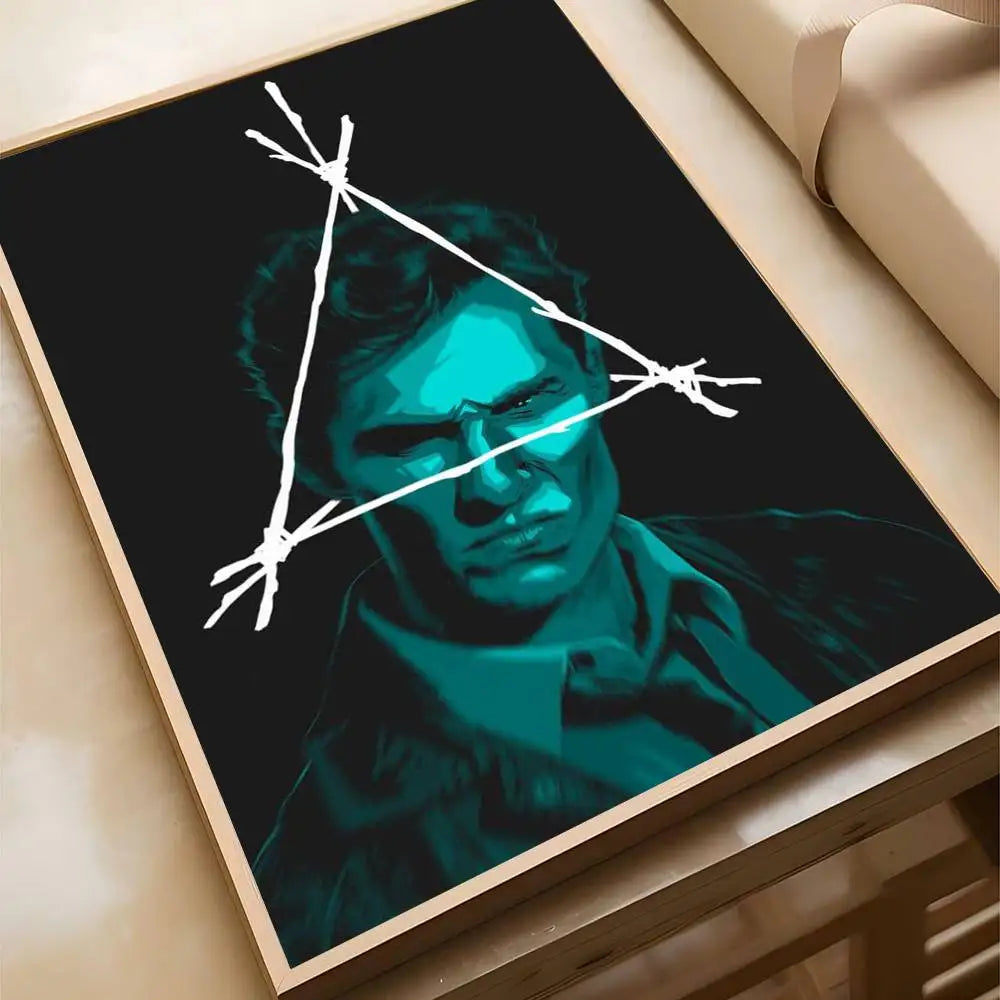 A dark teal portrait of a man with a white triangle overlay, displayed in a framed poster.