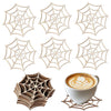 A collection of wooden spider web ornaments in various sizes and styles for seasonal decor.