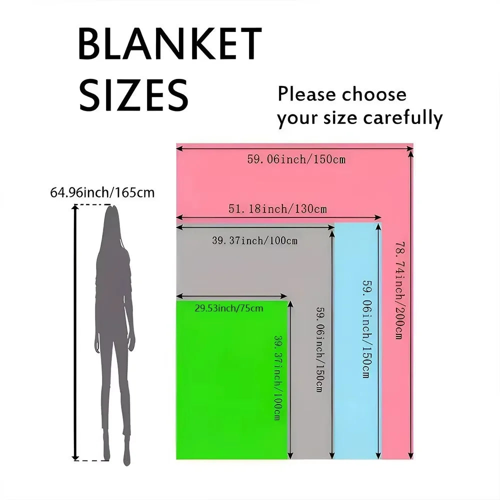 A display showing various blanket sizes, including options for 59 to 78 inches in length and 150 to 200 cm in width.