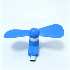 A blue portable USB-C mini fan with soft blades shown against a white background.