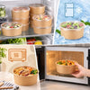 A collection of eco-friendly kraft paper bowls with lids containing various food items, shown in a refrigerator and an oven.