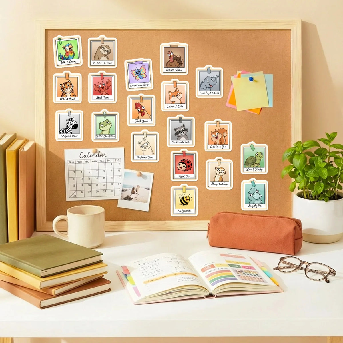 A framed display of cute animal vinyl stickers on a cork board next to a calendar and notebooks.