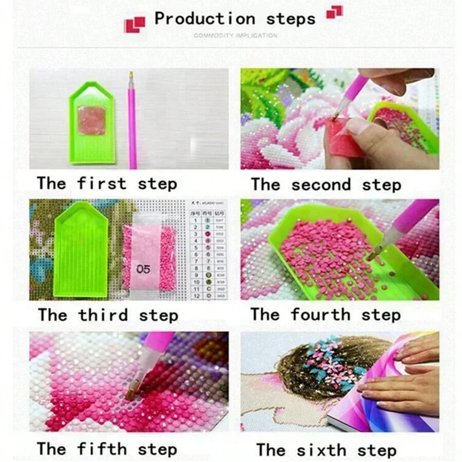 Six steps showing the process of creating a Ghost Face Horror diamond painting kit with knife design