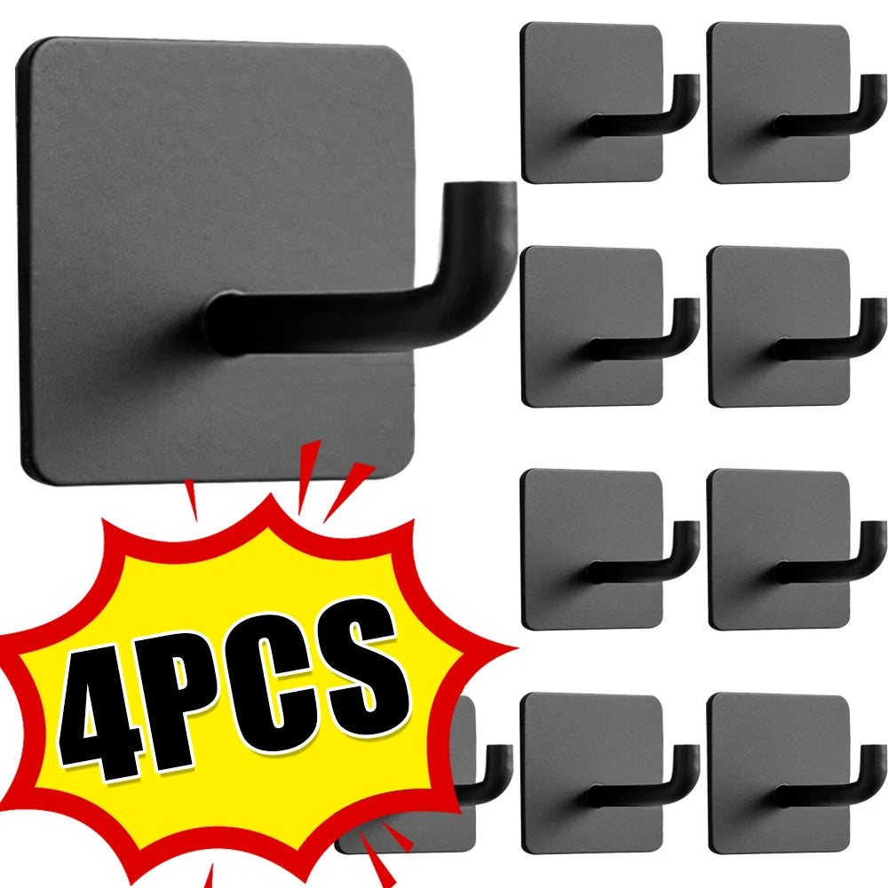 A set of 4 stainless steel self-adhesive wall hooks shown in various configurations.