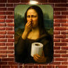 A painting of a woman covering her face with her hand, displayed on a brick wall.
