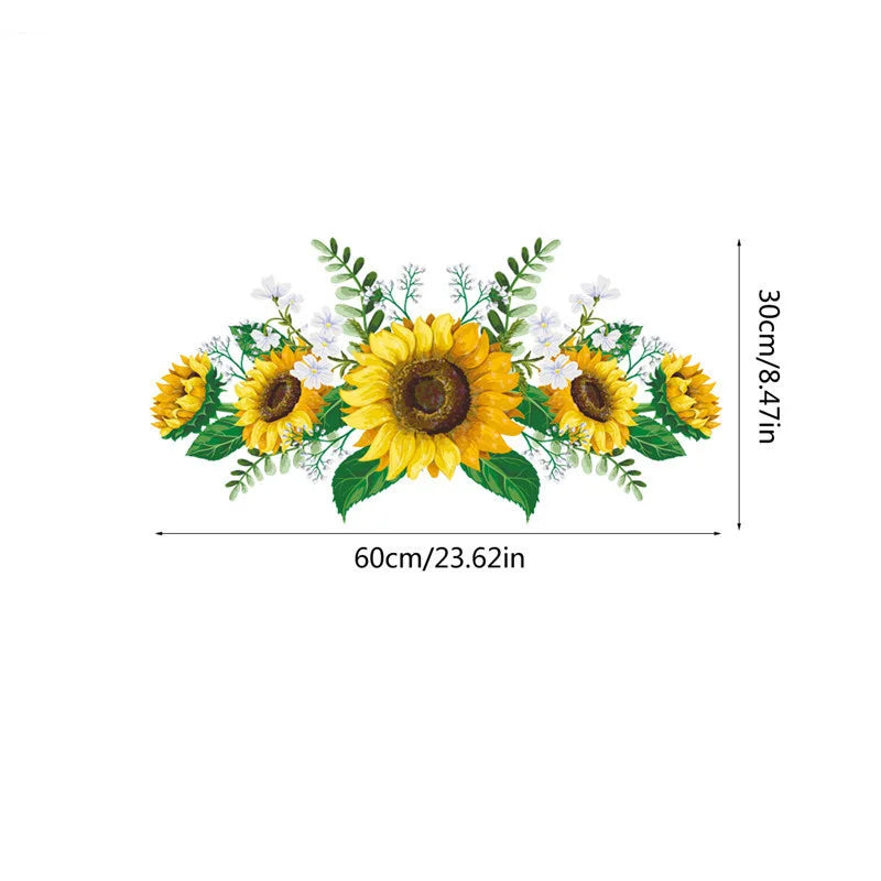 A floral arrangement of yellow sunflowers and green leaves used as wall decals for home decor.