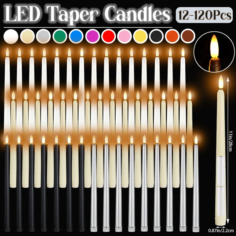 A set of 12 to 120 pieces of LED taper candles in various colors and sizes displayed vertically.