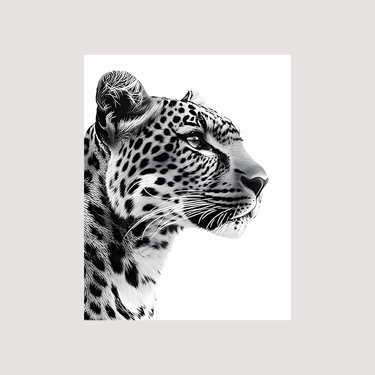 A close-up portrait of a leopard's head with black and white stripes and spots against a light background.
