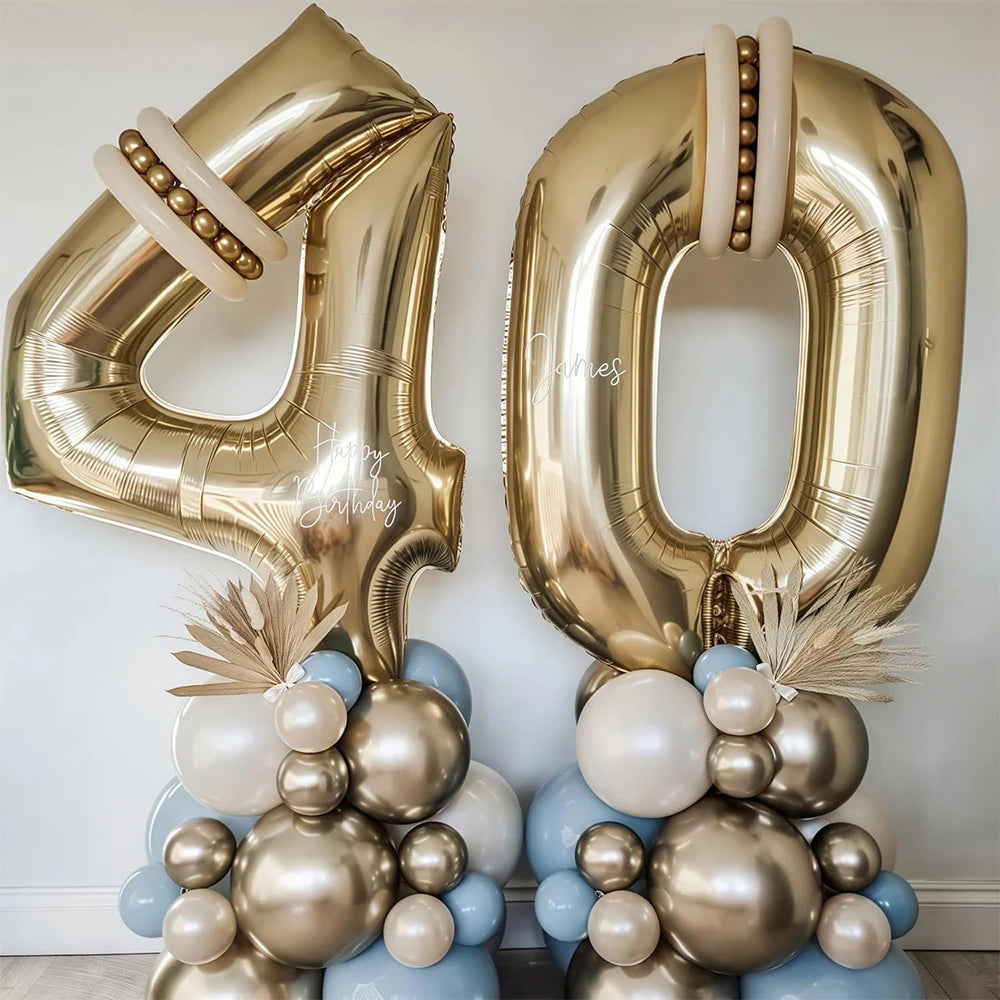 Gold foil number balloon shaped like 4 for birthday decor surrounded by balloons