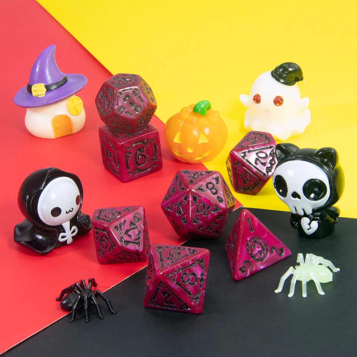 A set of seven polyhedral dice in various colors and shapes, including a witch hat die and a pumpkin die.
