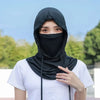 A woman wearing a black breathable UV protection balaclava face mask and long neck cover over a white t-shirt.