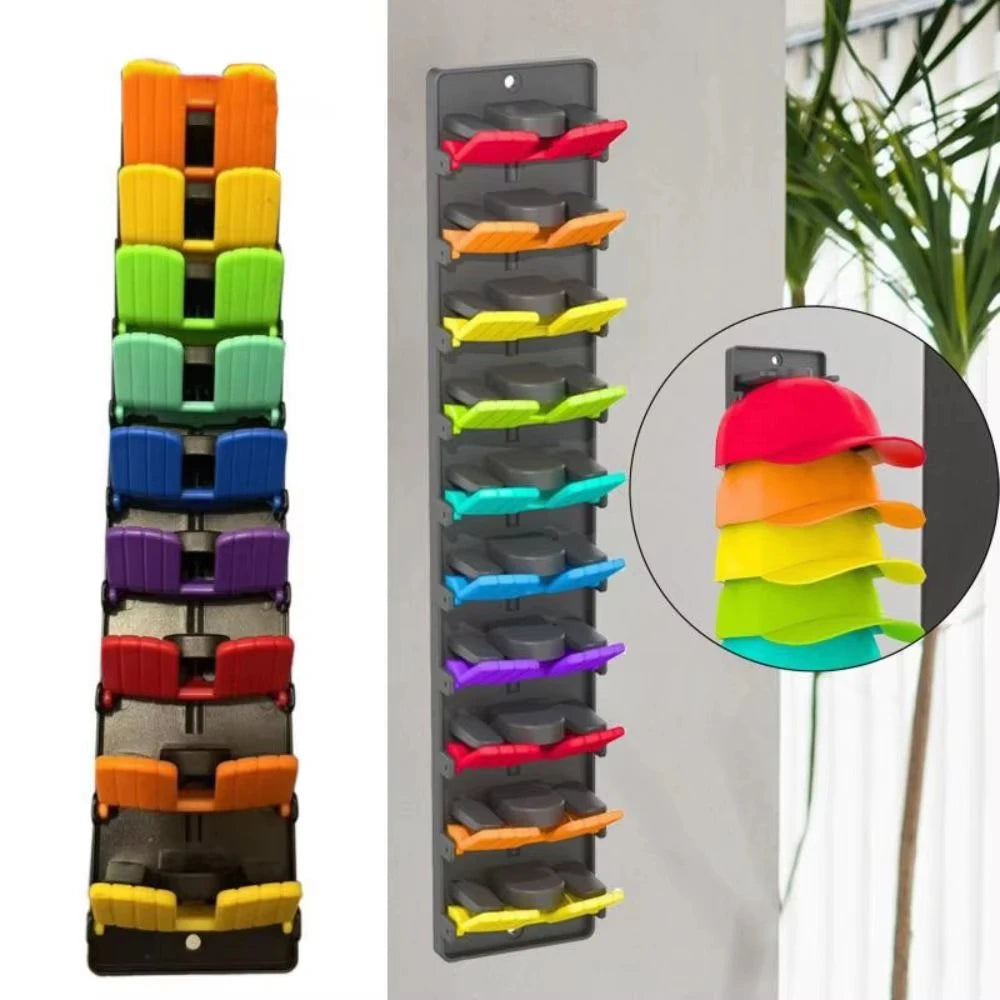 A wall-mounted hat organizer rack with multiple colored slots for storing hats.