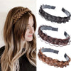 A woman shows off a braided hairstyle using bohemian hair bands for fashion and party.