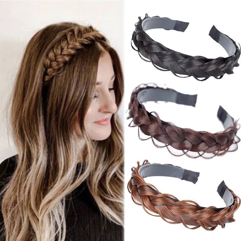 A woman shows off a braided hairstyle using bohemian hair bands for fashion and party.