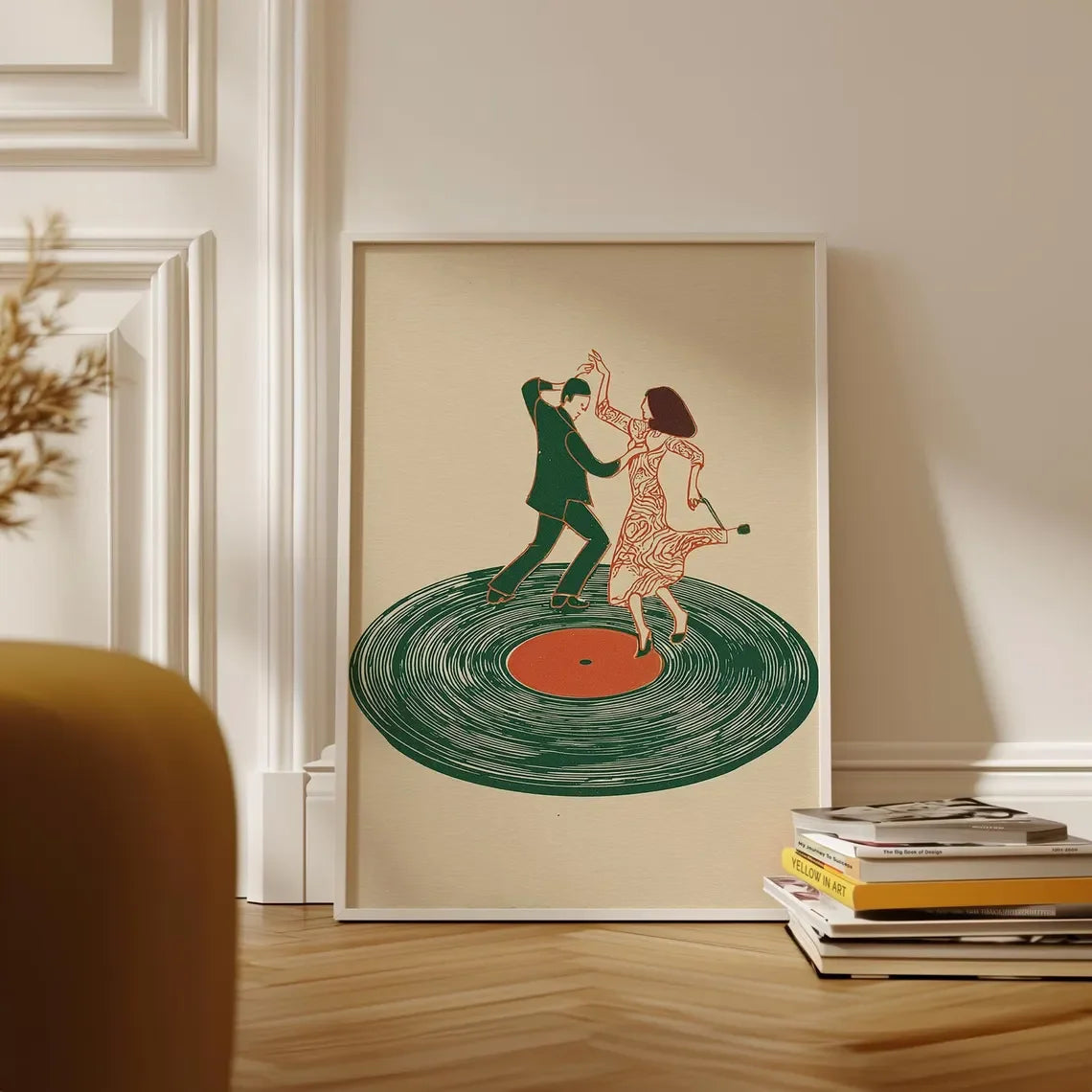 A canvas print depicting a couple dancing on a vinyl record, featuring earthy tones and a muted background.