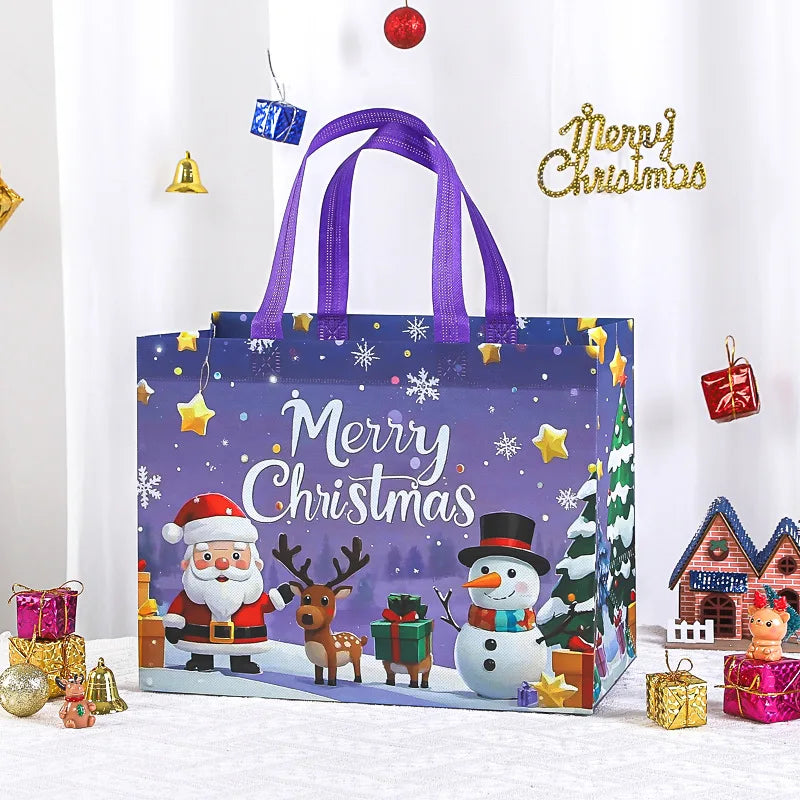 A purple reusable non-woven Christmas gift bag with handles decorated with festive holiday graphics and a Santa figure.