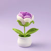 Hand woven crochet flower in purple and white petals growing in a green plant in a white pot