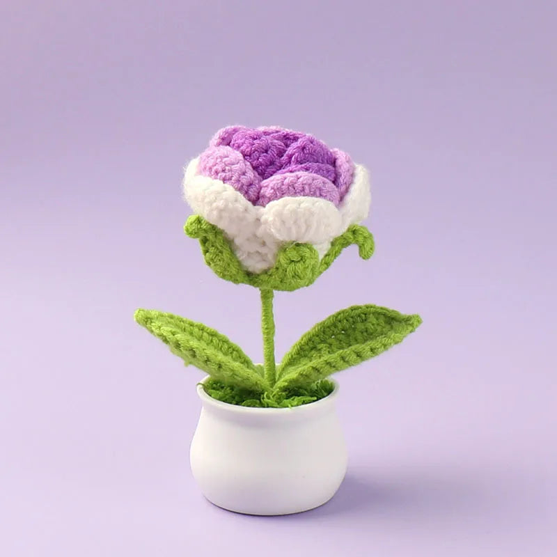 Hand woven crochet flower in purple and white petals growing in a green plant in a white pot
