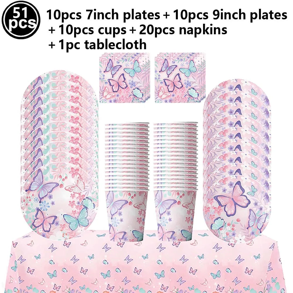 Butterfly Party Supplies Disposable Tableware Set for Birthday & Baby Shower