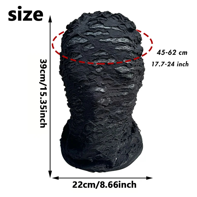 Black mesh balaclava face mask shown with dimensions of 39cm/15.35inch in height and 22cm/8.66inch in width.