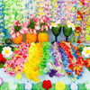 A vibrant display of colorful Hawaiian leis and tropical flowers arranged in a festive display.