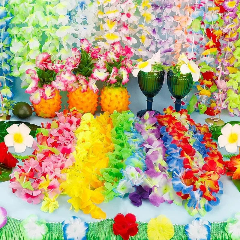 A vibrant display of colorful Hawaiian leis and tropical flowers arranged in a festive display.