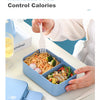 A blue bento box filled with stir-fried food and bamboo utensils on a white table.