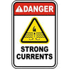 A vintage warning sign with a yellow triangle and text indicating danger and strong currents.